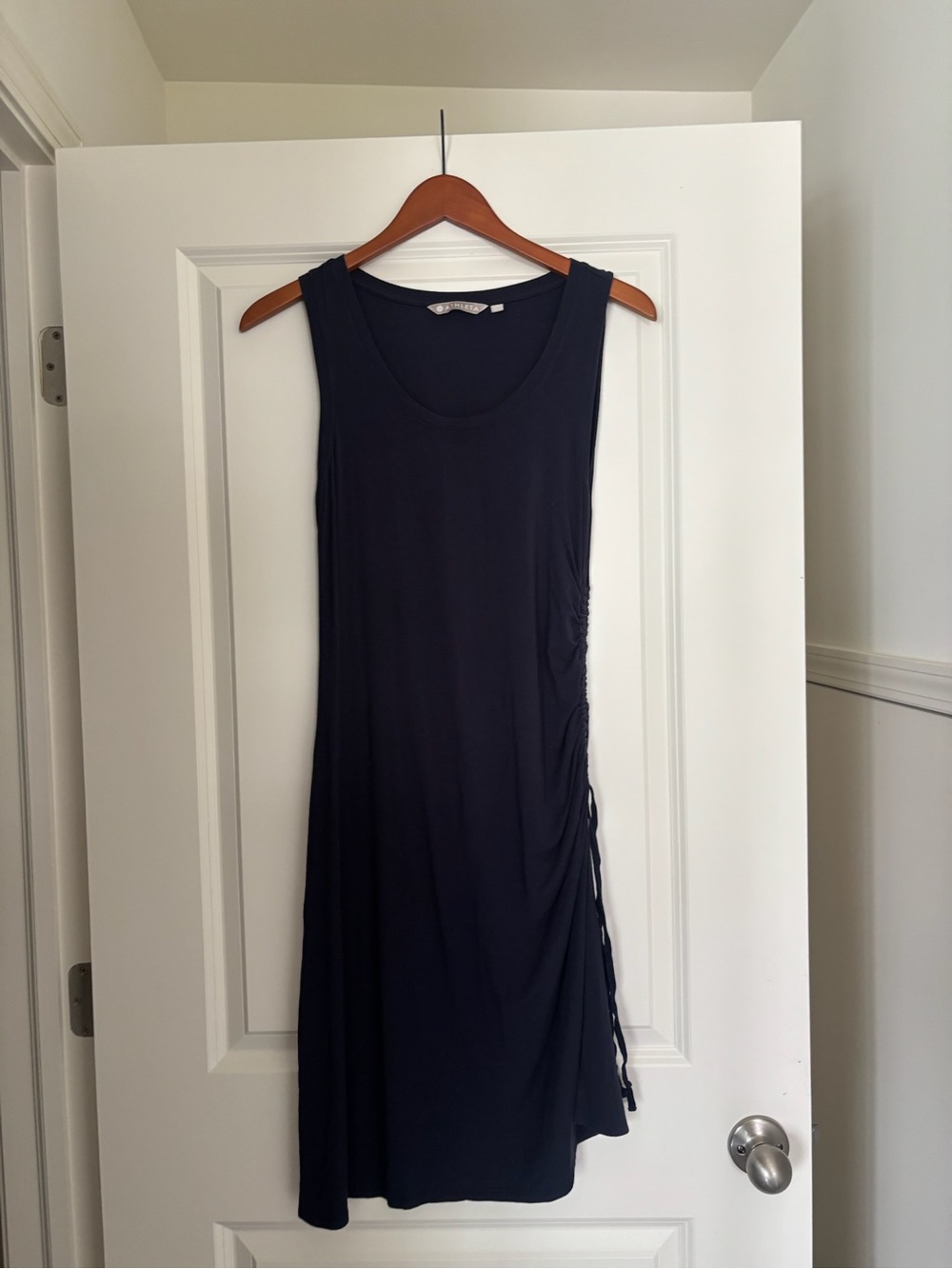 Athleta Navy Sleeveless Midi Dress with Side Ruching